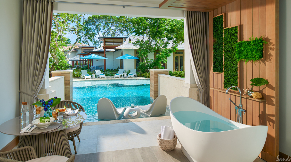 South Seas Hideaway Crystal Lagoon Swim-up Oversized Butler Suite with Patio Tranquility Soaking Tub Sandals Royal Barbados